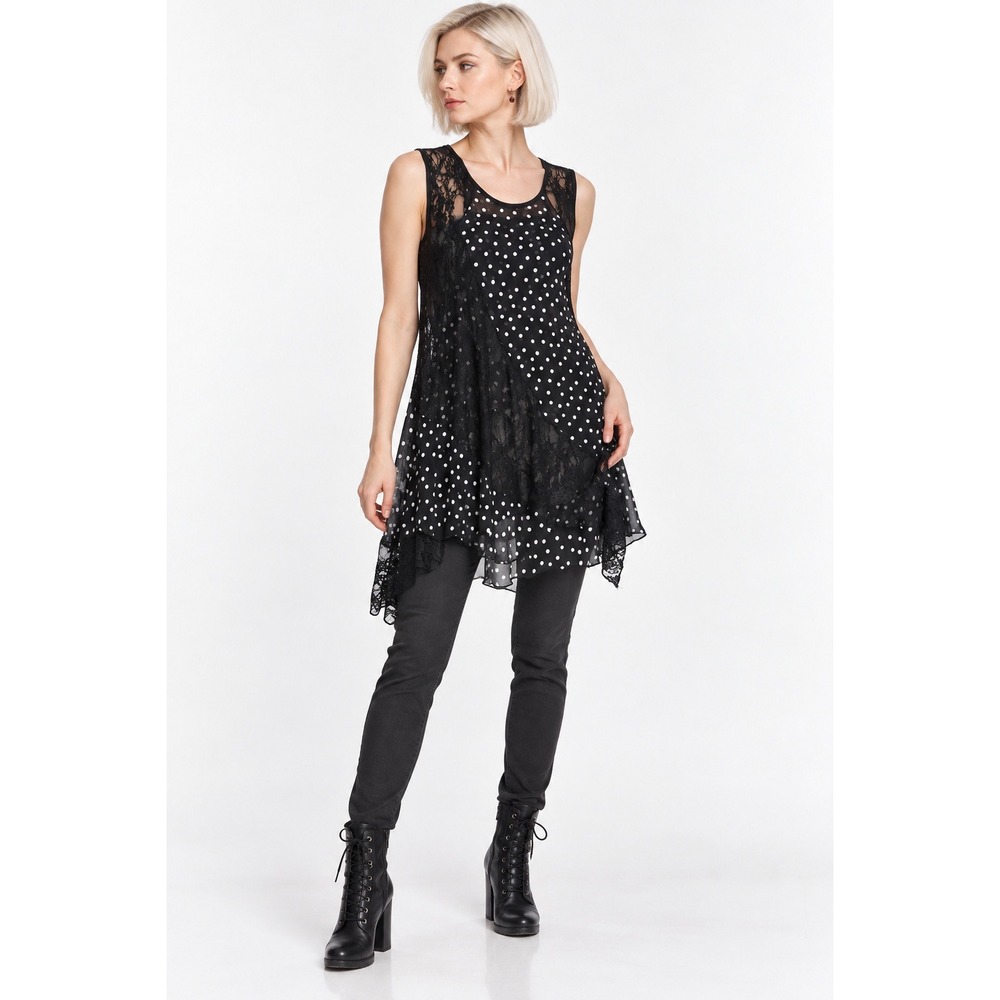 Polka Dot Lace Tunic Top Small Black Sheer Asymmetrical Dark Fairy Romantic